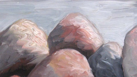 Maleri af sten med hav eller himmel som baggrund
