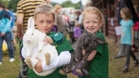 2 Børn står med kaniner ved Børnebondegården