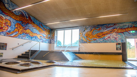 Kunst af Hans Krull på væggene hos Momentet Lystrup Svømme- og Aktivitetscenter